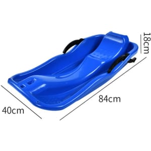 A blue plastic snow slider featuring handles, measuring 84cm in length and 40cm in width.