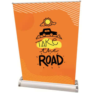 An A4 desktop roller banner with an orange background featuring a car graphic and the text "Take the Road."