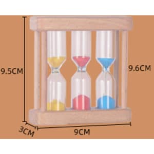 A wooden hourglass featuring three coloured timers in yellow, pink, and blue. Dimensions include 9.5 cm height and 9 cm width.
