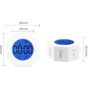 A white octagonal timer with a blue digital display, featuring buttons for setting and adjusting time.