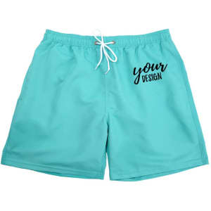 A pair of turquoise men's quick dry swim trunks with mesh lining and a logo on the side.