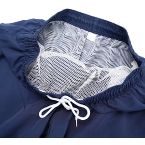 Navy blue men's swim trunks with mesh lining and a white drawstring at the waistband.