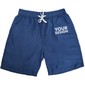 Men's quick dry beach shorts in navy blue with an elastic waistband and a logo on the front.