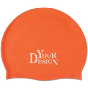 An orange waterproof silicone swimming cap with a logo on the front.
