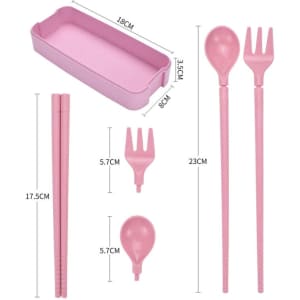 A pink, 3-layer wheat straw stackable bento box with utensils including chopsticks, a fork, and a spoon.