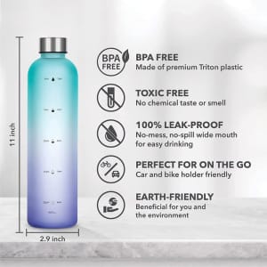A drink bottle in gradient blue and turquoise, 32 oz capacity, featuring a wide mouth and a logo. BPA free and leak-proof.