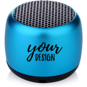 A mini portable wireless speaker in a vibrant blue finish with a textured top and a branding area.