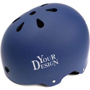 A blue adjustable helmet with ventilation holes and a logo. Suitable for biking and skateboarding activities.