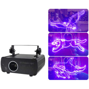 A black DJ laser party light projector with three holographic designs displayed in purple.