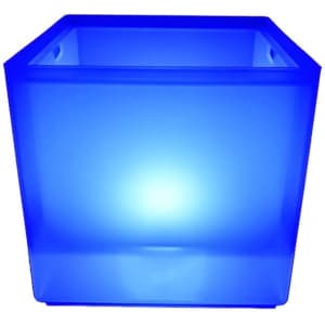 A blue LED ice bucket featuring a sleek, square design. It has a smooth surface and a subtle glow.