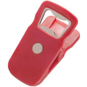 A drink bottle opener clip in red with a magnetic back, featuring a simple clip design and a round button.
