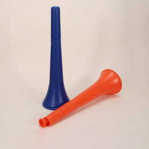 A blue and an orange 29-inch collapsible vuvuzela stadium horn, positioned on a light background with a logo visible.