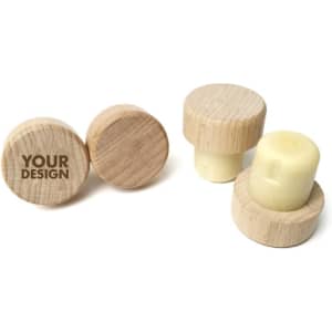 A drink bottle stopper made of light wood featuring a round design, with one side displaying a logo.