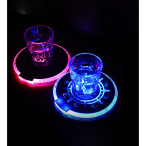 Round LED luminous coasters in red and blue, featuring a circular design and illuminated edges with glasses on top.
