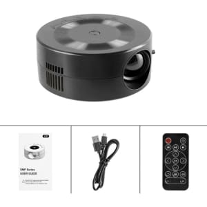 A black mini portable projector is displayed with a remote control, user guide, and USB cable.