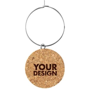Cork wine glass charm featuring a round shape with a silver hoop for attachment. Displaying a placeholder design.
