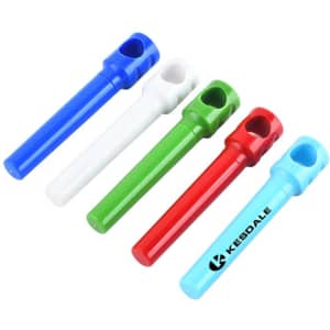 A set of five wine corkscrews in blue, white, green, red, and light blue, with one featuring a logo.