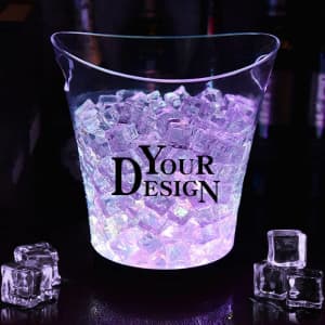 A transparent LED lighted ice bucket filled with ice cubes, featuring a logo or branding design.