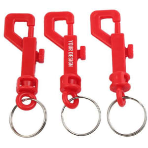 Three red plastic snap hooks with key rings, featuring a space for custom designs.
