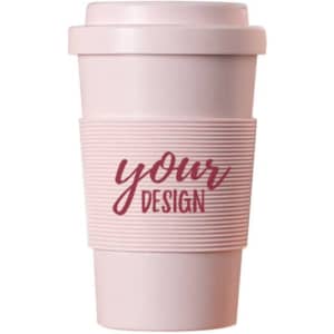 A biodegradable plastic travel coffee cup in pink, featuring a textured band and space for custom design.