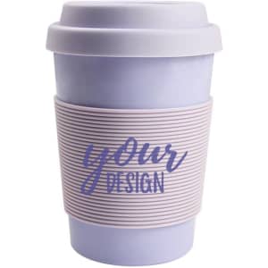 A 12 oz. eco-friendly coffee mug in lavender, featuring a silicone lid and a textured sleeve, with a logo.