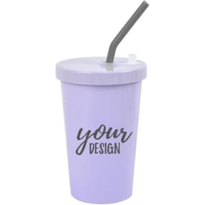 A reusable 15 oz. lavender PLA coffee cup with a silicone straw, featuring a logo.