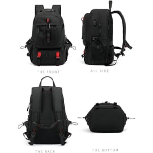A large black travel backpack with multiple compartments, zippers, and adjustable straps, featuring a logo.