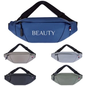 A collection of Portable Oxford Fanny Packs in blue, grey, light grey, charcoal, and a darker tone, each with a logo.