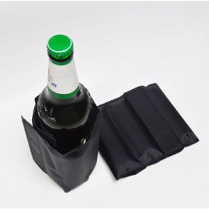 A drink bottle wrapped in a black gel wine cooler, with additional pads displayed nearby.