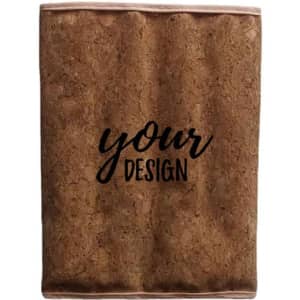 A drink bottle cooler wrap made of cork, featuring a textured design in natural brown tones with a black logo area.