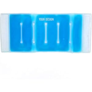 A drink bottle cooler in blue, featuring a flexible design with multiple grooves and a blank space for customisation.