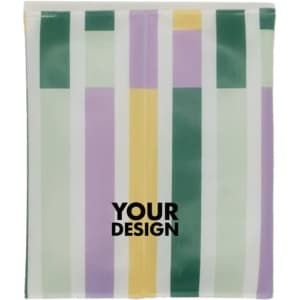 A drink bottle cooler wrap featuring a striped design in purple, green, and yellow, with a logo on the front.