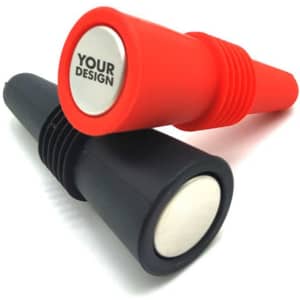 A drink bottle features two silicone wine stoppers, one red and one black, with a space for personal design on the top.