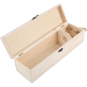 A wooden wine box in natural finish, featuring a hinged lid and compartments for accessories. It has a metal clasp and hinges.