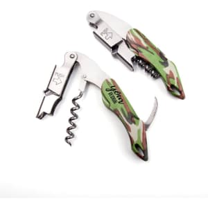 A camouflage-patterned stainless steel wine corkscrew with a bottle opener and lever. Features a logo.