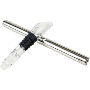 A wine pourer with a clear plastic spout and a silver chill rod, featuring a rubber grip for easy handling.