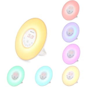 A digital alarm clock with a circular design, featuring multiple light colours including yellow, purple, and green.