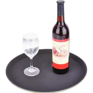 A black tempered non-slip food service tray with a wine bottle and a glass on top. The tray features a logo.
