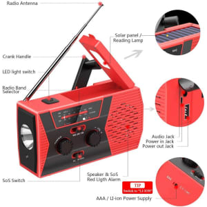 A red portable radio with a crank handle, solar panel, LED light, and various switches and jacks.