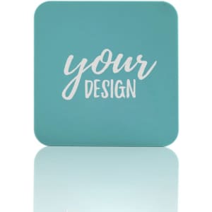 A square drink coaster in teal with a space for custom design, featuring a white logo.