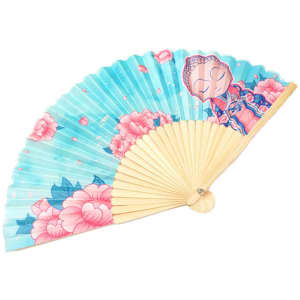 A bamboo folding fan featuring a blue background with pink floral designs and a character illustration.