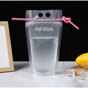 A drink pouch featuring a transparent design, filled with water, and a pink straw attached. Includes a logo.