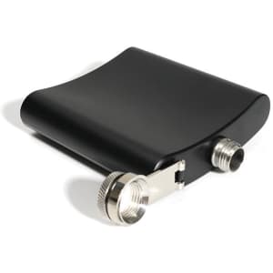 A black stainless steel hip flask with a screw lid, featuring a sleek curved design.