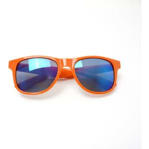 Orange sunglasses with blue mirrored lenses, featuring a modern retro design and a logo on the side.
