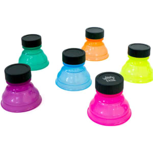 A set of six reusable clear soda can covers in various bright colours: green, orange, yellow, blue, purple, and pink. Each has a black lid.