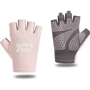 Ice silk half finger riding gloves in pink and grey, featuring a patterned design and a logo.