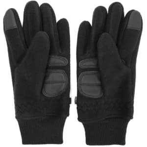 Black outdoor sports riding gloves with textured grip and a snug fit. Features a logo on one glove.
