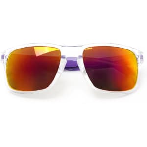 Crystalline mirrored sunglasses with a clear frame and orange-tinted lenses, featuring a logo on the arm.