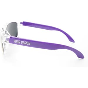 A pair of crystalline mirrored sunglasses with purple arms and a space for custom design.