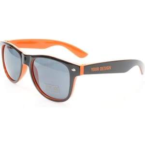 Neon sunglasses featuring black frames with orange accents and tinted lenses. Includes a logo on the side.